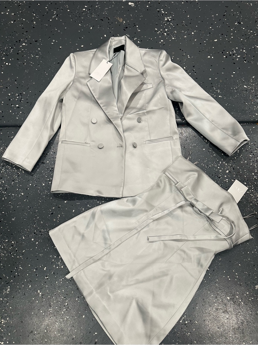 Zara Silver Double-Breasted Blazer and Skirt Set
